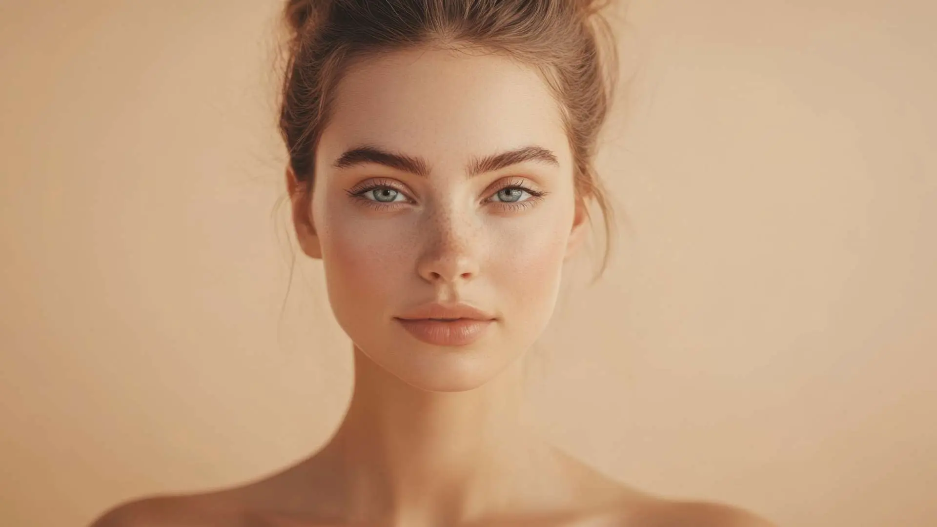 Visage belle jeune femme en gros plan sur fond beige