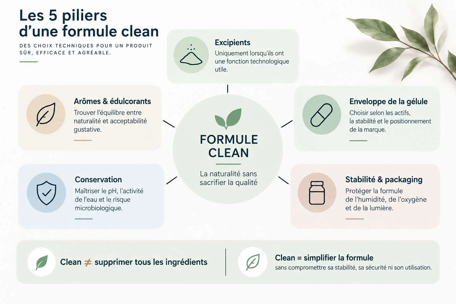 Schéma des 5 piliers d'une formule clean label des compléments alimentaires