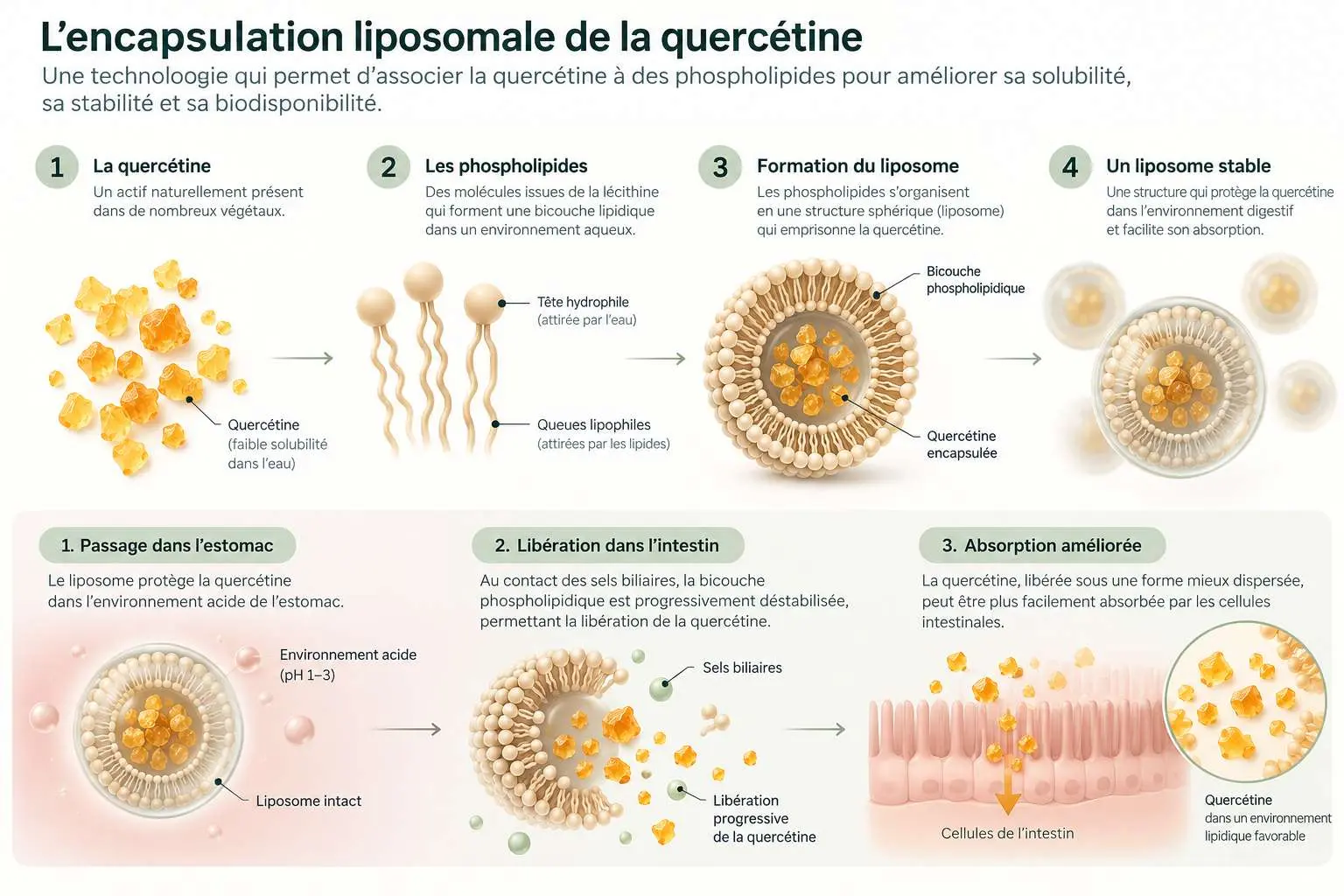 Infographie sur l'encapsulation liposomale de la quercétine